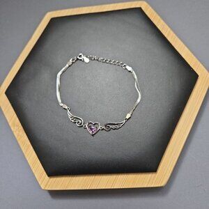 Heart & Wing Sterling Silver‎ Bracelet With Purple CZ (NWOT)